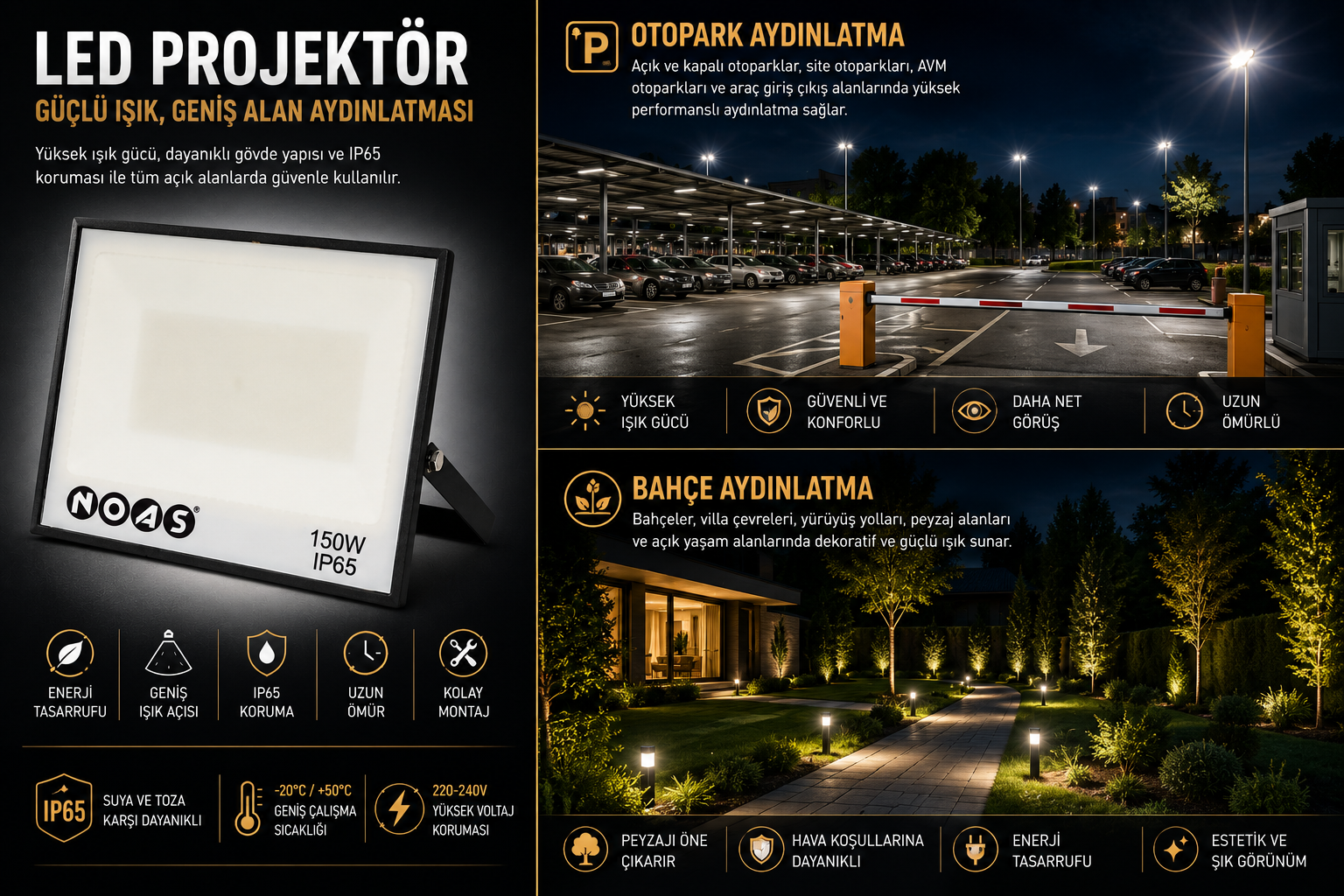Noas 150 Watt LED Projektör 13500 Lumen 6500K IP65