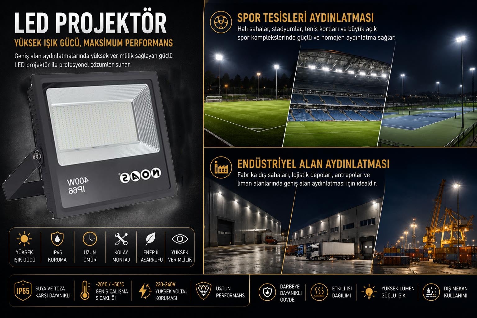 Noas 300 Watt LED Projektör Beyaz Işık 27000 Lumen IP66 NOAS-YL70-0300