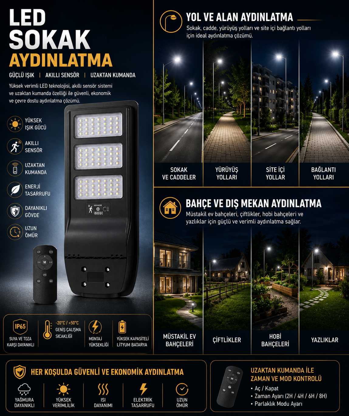 300 Watt Schuar Solar Sokak Kumandalı Armatür SCHUARY-SC-1733-B