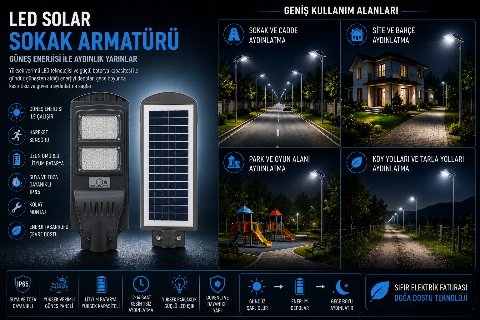 60 Watt Fotoselli Sensörlü Solar Led Sokak Aydınlatma Helios HS 3801