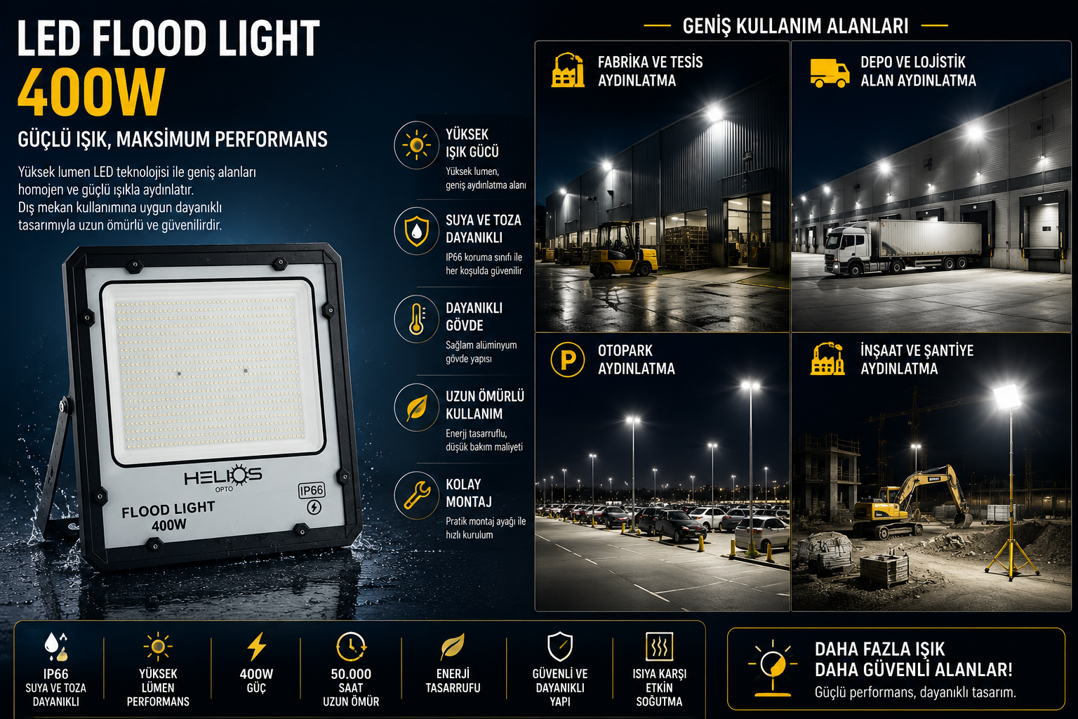 400 Watt Led Projektör Helios Opto 32000 Lumen Beyaz Işık iP65 - HS3838