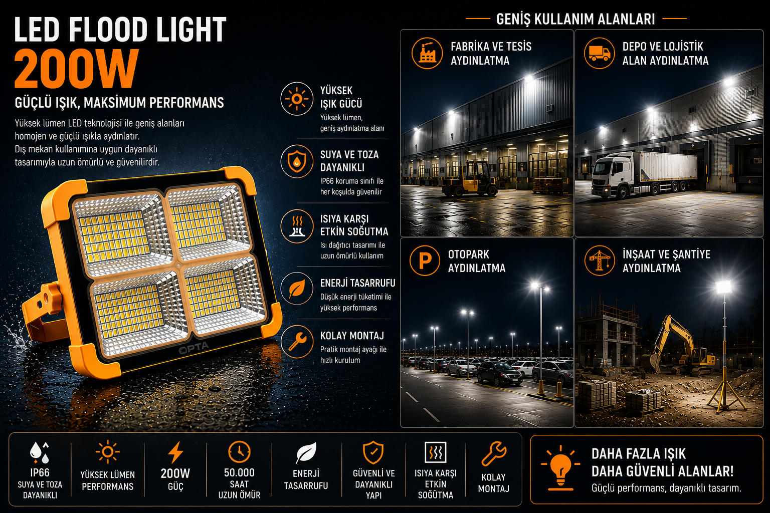 Noas Solar Şarjlı 200 Watt Projektör + Çakar Ip66