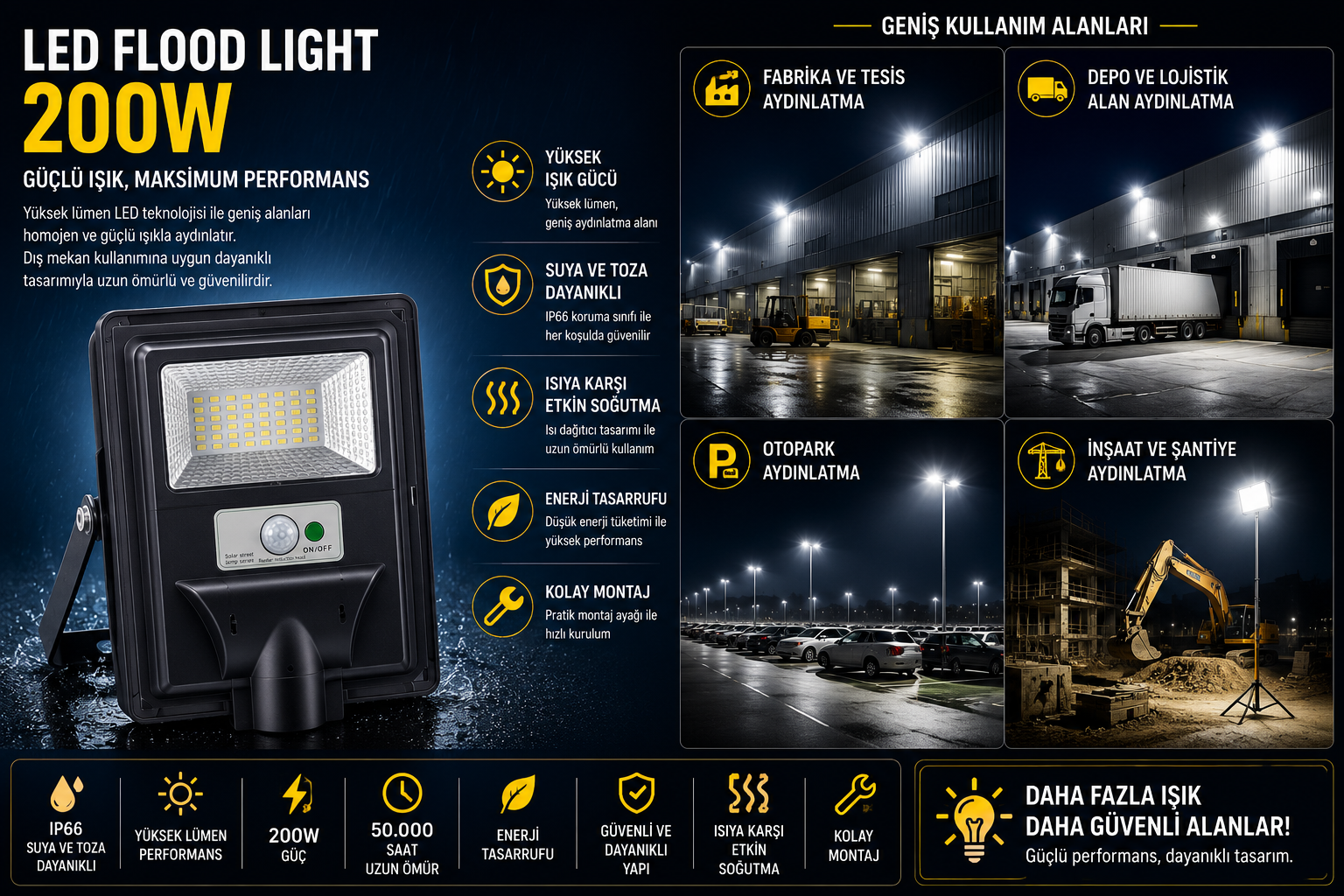 200 Watt Kumandalı Sensörlü Solar Led Sokak Aydınlatma Noas YL73-0200-S