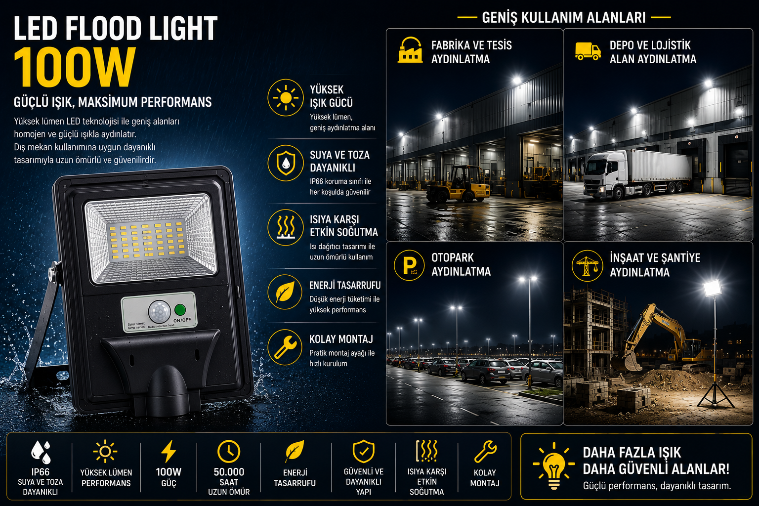 100 Watt Kumandalı Sensörlü Solar Led Sokak Aydınlatma Noas YL73-0100-S