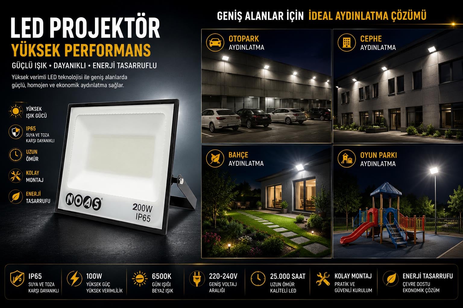 200 Watt Noas Beyaz Işık LED Projektör NOAS-YL70-0200