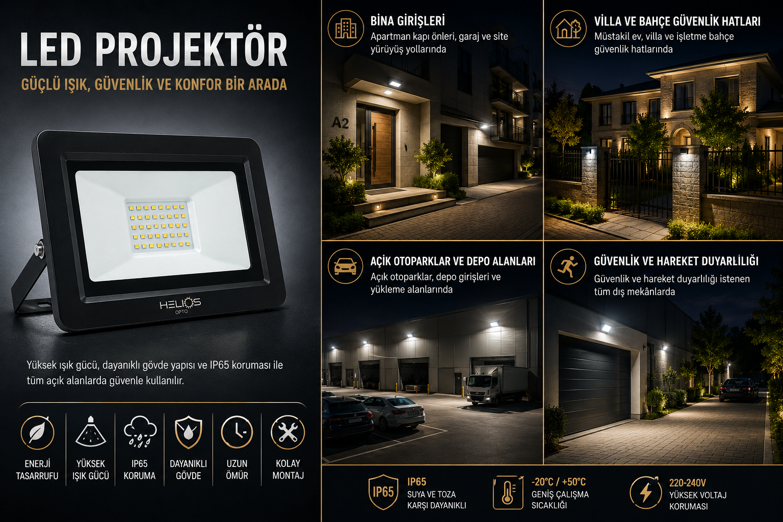 Helios 30W Sensörlü SMD LED Projektör 2400 Lümen 6500K Beyaz Işık