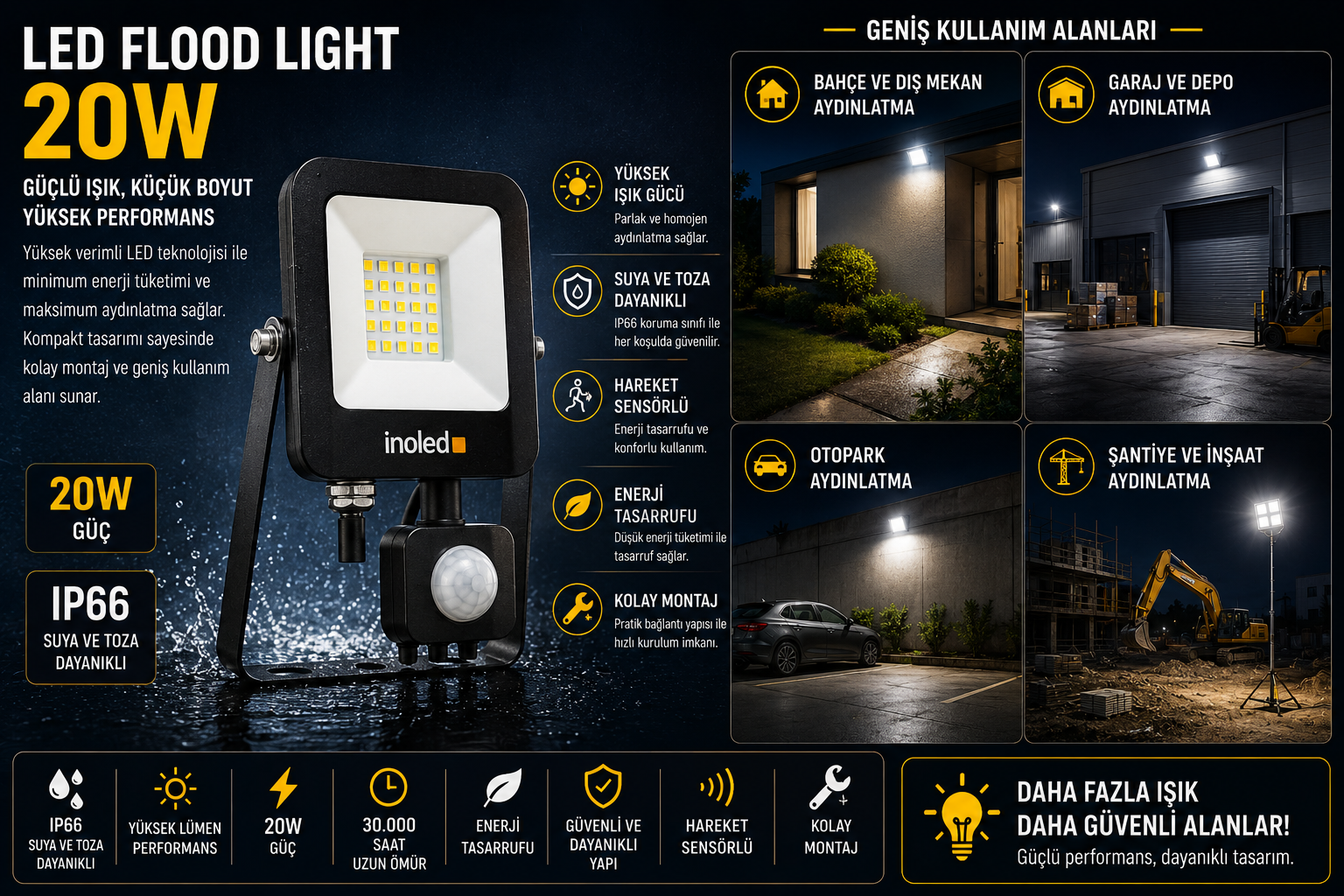 İNOLED 20W SENSÖRLÜ LED PROJEKTÖR BEYAZ IŞIK 7223-01