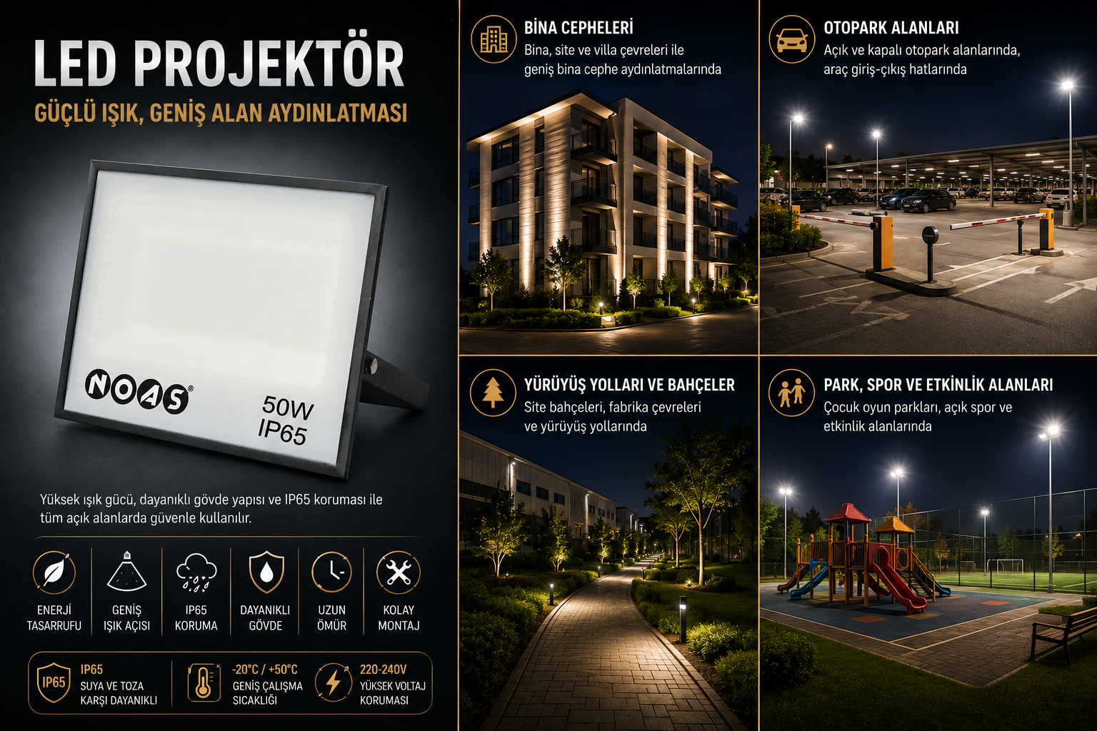 Noas 50W LED Projektör 4500 Lümen 6500K Beyaz Işık IP65