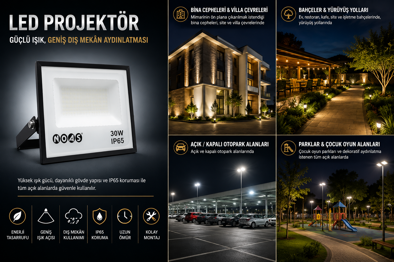 Noas 30W LED Projektör 2700 Lümen 3200K Günışığı IP65